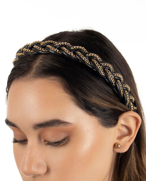Vincha Negra Trenzada Detalle Dorado